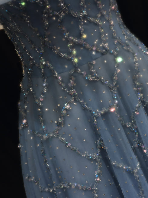 Blue Off-Shoulder Wedding Dress - Blue Tulle Ball Gown Wedding Dress - Sequin and Feather dress Plus Size